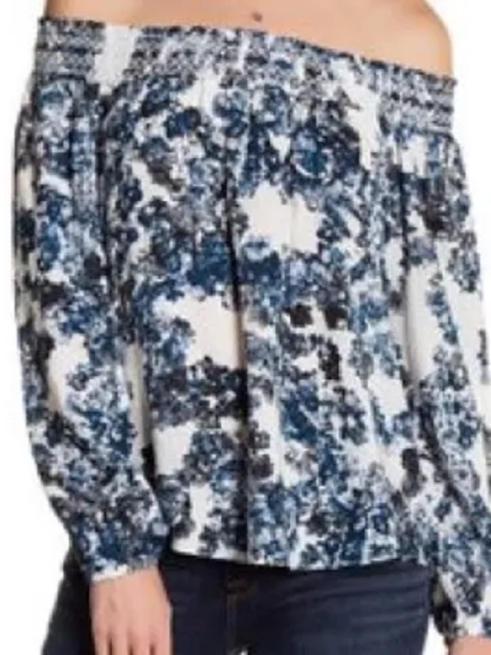 Parker White Off-Shoulder Blouse with Blue and Black Floral Print small EUC